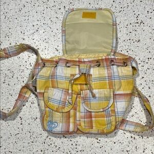 Roxy Yellow, Orange and Light Blue Plaid Cinch Mini Backpack